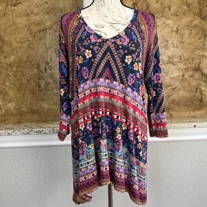 Johnny Was Cruz V Neck Swing Tunic Top Womens‎ Small Floral Bamboo Multicolor